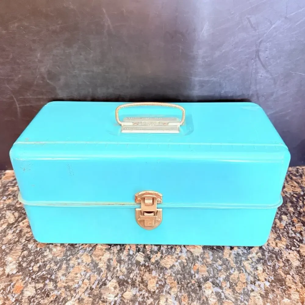 Vintage Loc-Wel 1356 Blue Metal Tackle Box Liberty Steel Fishing Lures USA 13”